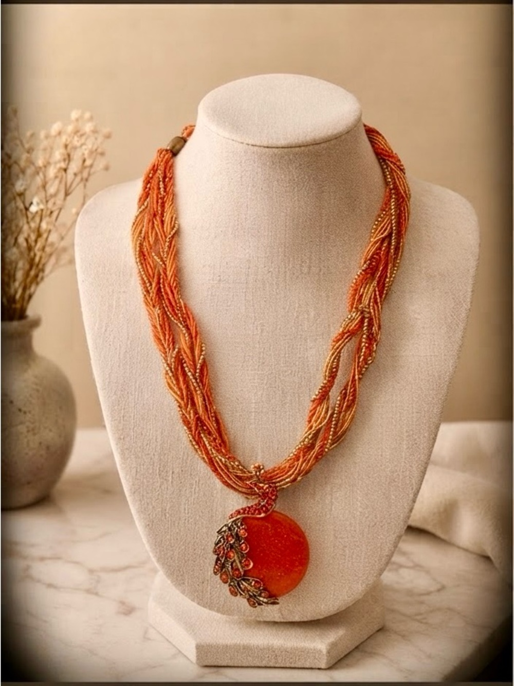 Orange Peacock Multistrand Statement Necklace